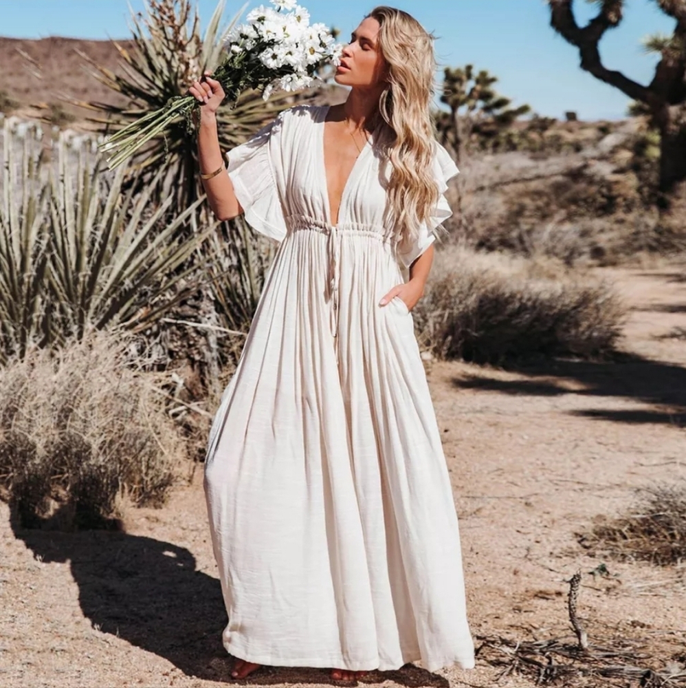 New Boho Gauze Maxi Cover Up Flowy Dress White - Picture 5 of 13